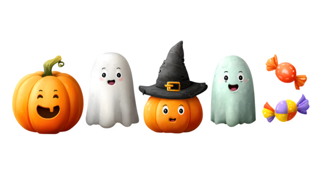 Cartoon Halloween elements including smiling pumpkin, ghost, witch hat, and candies, isolated on white background