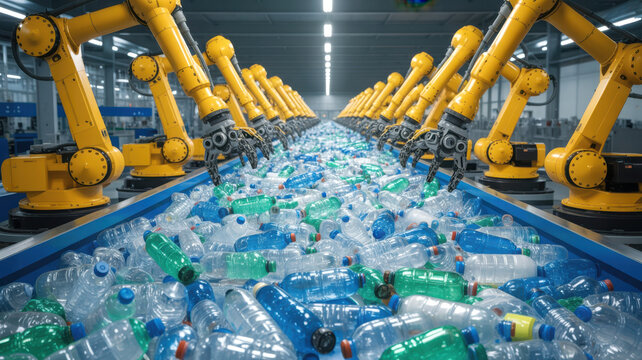 Robotic arms sorting plastic bottles on recycling conveyor - Powered by Adobe