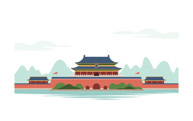 Simplified Illustration of Tiananmen Gate in Beijing, China, Featuring Traditional Architecture, Walls, Water, and Mountains in a Minimalist and Clean Flat Design Style