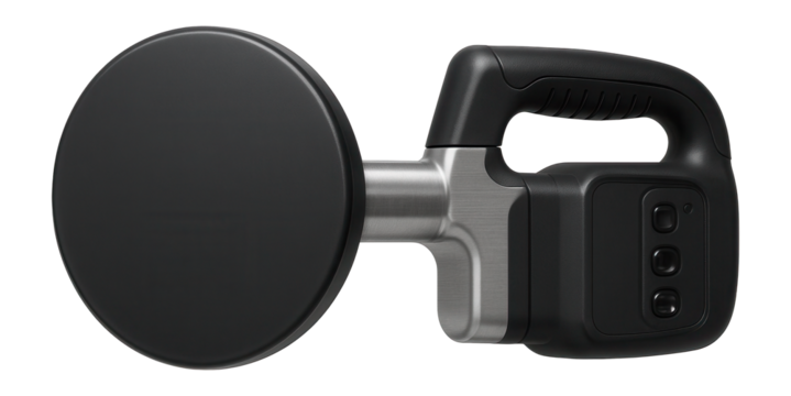 Remote-controlled vacuum lifter with a large circular pad for a shipyard.