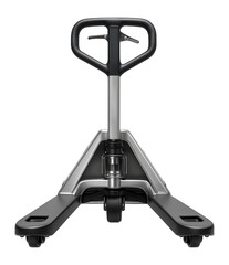 Naklejka premium Hydraulic pallet jack with an integrated brake system for controlled movement on an incline in a multi-level warehouse.