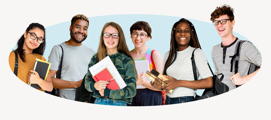 Happy & diverse high school students, badge design