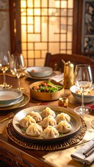 Dumplings on a table with Asian-inspired decor