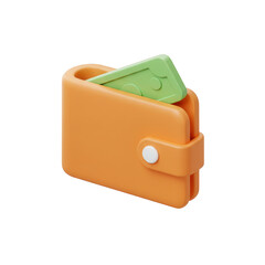 3d render of an orange wallet with money inside isolated on transparent background