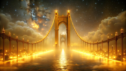 Fototapeta premium Luxury glowing golden bridge in dreamy night mist futuristic illuminated landscape