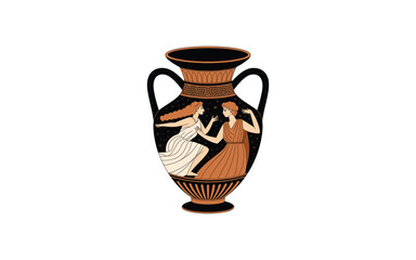 Ancient Greek Vase with Two Figures, Illustration of Classical Art and Pottery, Mythological Scene Depicting Two Women in Traditional Garb on White Background.