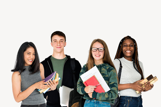 High school students carrying books, isolated on off white