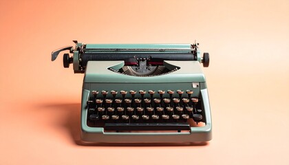Classic typewriter with vintage keys metallic body and old fashioned writing device design on plain colorful background
