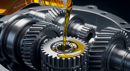 Obraz premium Golden oil pouring onto metal gears in engine lubrication concept