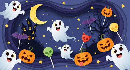 Spooky Halloween Night Scene with Ghosts Pumpkins and Haunted House Illustration