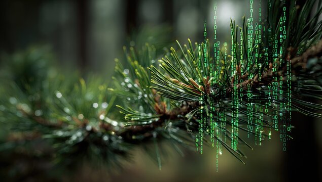 Close-up of a pine branch with glowing binary code - Powered by Adobe
