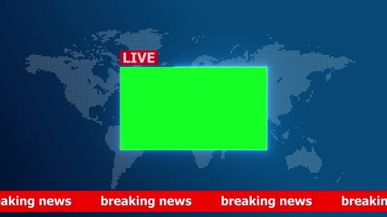 a digital news broadcast template. The background features a dotted world map with two highlighted blue screens in the center, likely placeholders for live video .