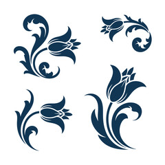 Elegant Floral Ornament Set in Deep Blue Decorative Botanical Vector Graphics Collection for Design Projects and Artistic Compositions