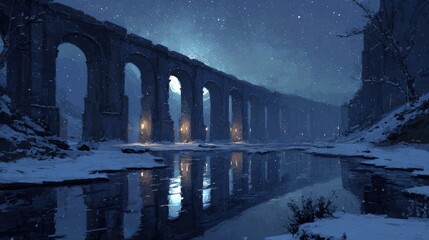 Ancient stone bridge at night, snow-covered landscape