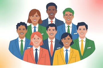 Diverse business team illustration with smiling professionals in colorful suits, teamwork, corporate diversity, office colleagues, business group portrait
