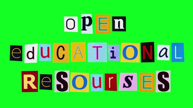 Open educational recourses title made of colorful stickers with printed letters moving on chroma key. Headline about free academic materials in form of crumpling and unwrapping pieces of paper