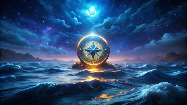 Surreal glowing compass floating above ocean waves futuristic navigation