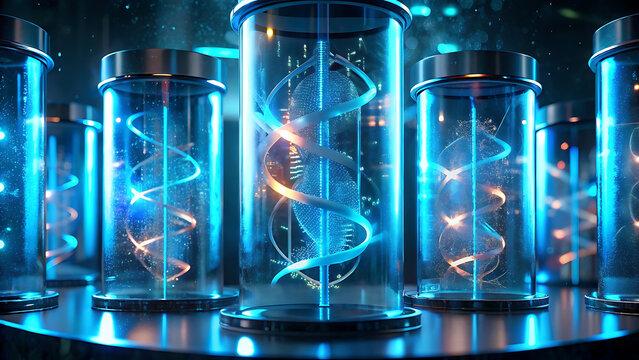 Surreal glowing dna strands in liquid glass tubes futuristic science art