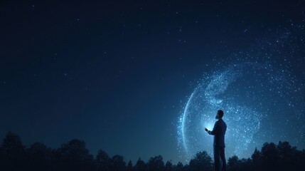 A silhouette of a man stands in a dark field under a starry sky, seemingly manipulating a glowing sphere of light with a device in his hands