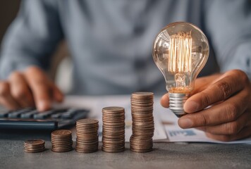 Hand holds glowing bulb near rising coin stacks & calculator on a gray surface. Light contrasts the financial data and progress