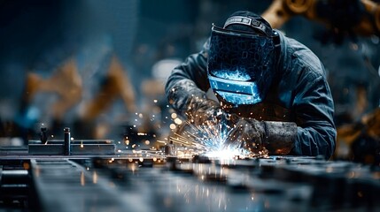 Industrial welder joining metal parts with welding torch in factory