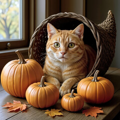 A cute ginger cat is comfortably nestled in a wicker cornucopia basket, surrounded by vibrant orange pumpkins and the warm hues of autumn leaves
