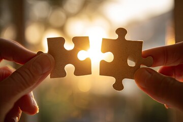 Two puzzle pieces almost joined, held by hands, against a blurred sunset