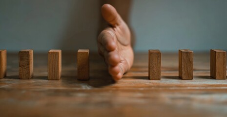 A hand stopping a row of standing wooden blocks on a rustic, textured wooden surface with a blurred neutral background, suggesting prevention or interruption