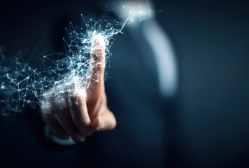 Close-up of a hand in a suit interacting with a luminous network of interconnected dots and lines against a blurred, dark background