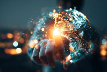 A finger touches a glowing, swirling sphere of particles that appear to disintegrate at the point of contact. Bokeh lights form the background