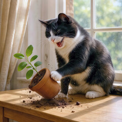 A mischievous black and white cat energetically knocks over a potted plant on a charming wooden table, while warm sunlight pours in through the window, enhancing the delightful scene 