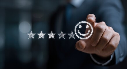 A hand in a suit interacts with a digital interface displaying rating stars and a smiley face. Focused on service feedback and customer satisfaction