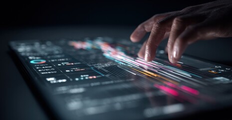 A hand interacts with a digital display showcasing data visualizations, charts and graphs, illuminated with bright hues, against a dark, blurred backdrop