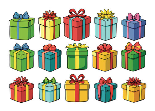 Vector art of assortment of fifteen festive gift boxes with ribbons and bows