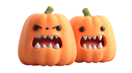 Creepy 3D cartoon pumpkins with sinister smiles and teeth, isolated on white background