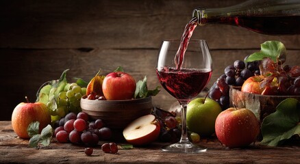 Red wine poured into a glass, surrounded by autumn fruit