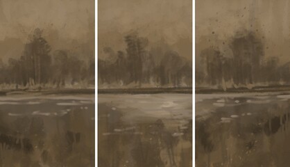 Triptych, abstract landscape painting - digital painting. Painted on a tablet. © neurostructure