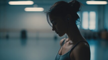 A pensive ballerina listens to music in a dance studio.