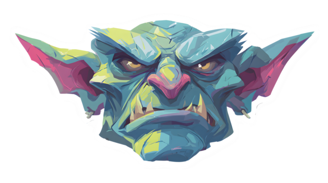 Creepy goblin Halloween sticker design with sharp features, isolated on white background