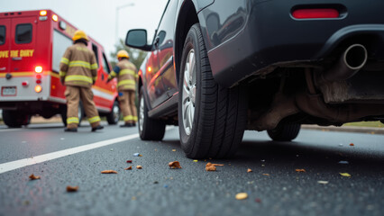 Emergency response scene with vehicle and firefighters. image captures close up of tire on road, with debris scattered around