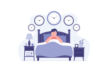 Sleepless Night: Young Man Struggling with Insomnia, Clocks Symbolizing Time Passing, Depicting Stress and Anxiety, Ideal for Health, Wellness, and Sleep-Related Content.