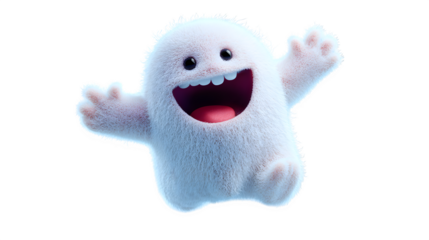 Friendly white ghost cartoon floating cheerfully, isolated on white background