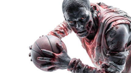 Full-body zombie basketball player in horror style, isolated on white background