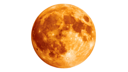 Full orange moon shining bright with glowing texture, isolated on white background