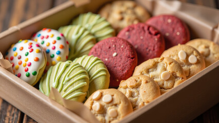 Delicious assortment of colorful cookies in box, featuring sprinkles, green icing, red velvet, and classic chocolate chip