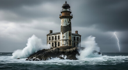 Obraz premium Lighthouse in storm Dramatic ocean waves Lightning strike Dark and moody atmosphere Coastal landscape photography
