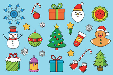 Vector art of a collection of festive christmas icons including santa, snowman, gifts, and trees on a blue background