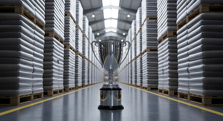 Trophy in a Warehouse Aisle with Stacked Goods