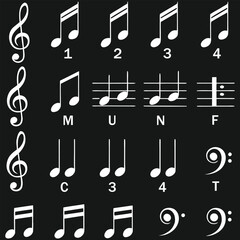 White Music Notes and Clefs on Black Background – Vector Icons of Rhythmic Notation, Staff, and Letters for Education or Design. Perfect for Posters, Apps, and Sheet Music. Editable and Clean Style.