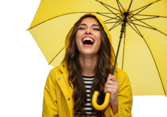 Happy woman laughing under yellow umbrella isolated on transparent background